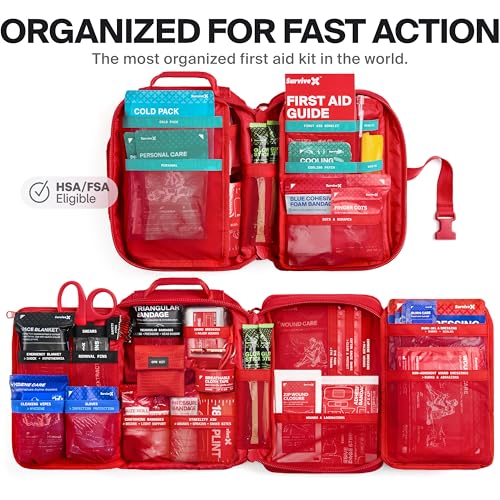 SurviveX Large Pro First Aid Kit, Labeled Pockets, Zip Stitch Wound Closure | Emergency kit for 5-6 people, close wounds without stitches, organized first aid for car, home, travel, camping, outdoors