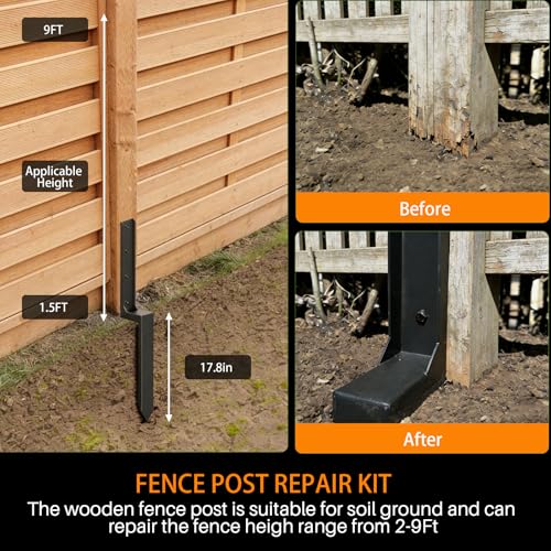 Fence Post Repair Kit Heavy Duty – Thickened Steel Fence Post Anchor Ground Spike, Fence Repair Kit Quick Fix Broken/Leaning Wood Fence Posts, Wooden Fence Post Stabilizer Stakes (8 Pack, Black) - color: 8 , Black
