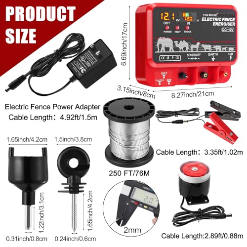 15.5J Electric Fence Charger Kit, 30 Mile 110VAC Plug-in Fence Charger with 50 Black Insulators, Socket Tool, 250 ft Aluminum Wire for Farm Fencing, Pasture Boundary Setup