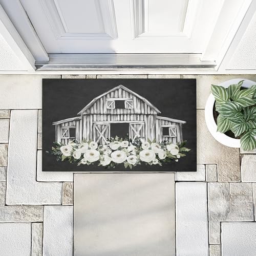 Stupell Industries Rustic Barn with White Roses, 30 x 18 | Outdoor Door Mat, Durable Non-Slip Woven Natural Texture, Recycled Rubber Backing | by Lettered and Lined