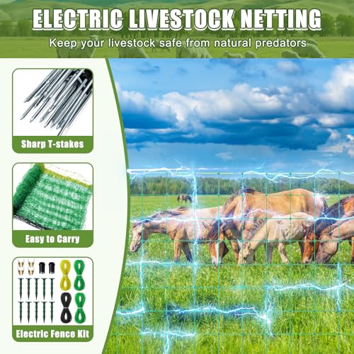 3 Pack 164'l x 42.5" H Electric Fence Netting Movable Livestock Nets PE Net Fencing Kit with Fence Charge 14 Posts Double Spiked Grounding Rod for Sheep Hog Backyards Homesteader Farm Ranche