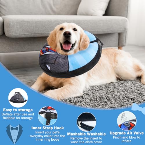 SCENEREAL Dog Cone Alternative After Surgery Donut Collar | Soft Pet Recovery Pillow Collar for Medium Large Dogs, Inflatable Adjustable Neck Collars to Prevent Licking, Black Suit S - color: Black Suit, size: S(Neck 11"-13")