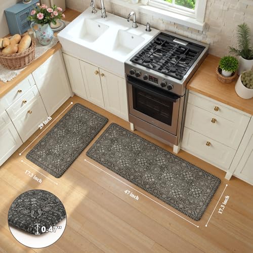 KIMODE Anti Fatigue Kitchen Mat 2PC,Waterproof Farmhouse Green Kitchen Rugs | Vintage Kitchen Mats for Floor Non-Slip,Cushioned Comfort Standing Mat for Laundry,Office,Sink,Desk,Dorm 17"x47"+17"x29" - color: Green/Grey, size: 17.3" x 47"+17.3" x 29"--0.47