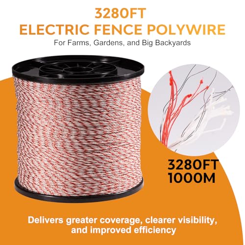 Electric Fence Polywire, 3280FT 6-Strand Stainless for Livestock | Farms & Ranches, 1000M Length, 6 Stainless Steel Strands, High Visibility Red & White, Fits Horses, Cattle, Sheep & Goats