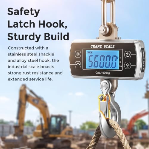 Crane Scale 2200lb, OIML Class III CE Certified Hanging Scale | Switchable kg/lb/N Units, Sturdy Build, Stainless Steel Shackle & Alloy Steel Hook, Adjustable Backlight & Auto Off Timer - size: 1000 kg/2200 lb, Touch Key