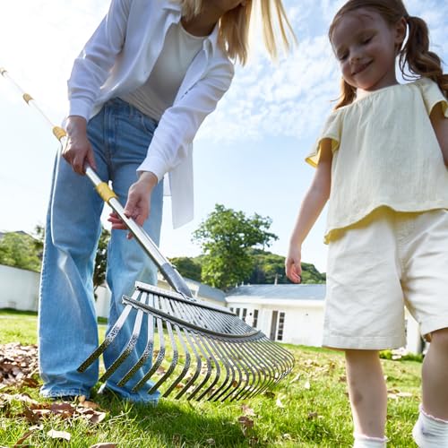 Yocada 19.3" Garden Leaf Rake Wide Heavy Duty (25 Tines) 68.9" | Adjustable Long Handle Garden Rake for Yard Garden Lawn Leaves