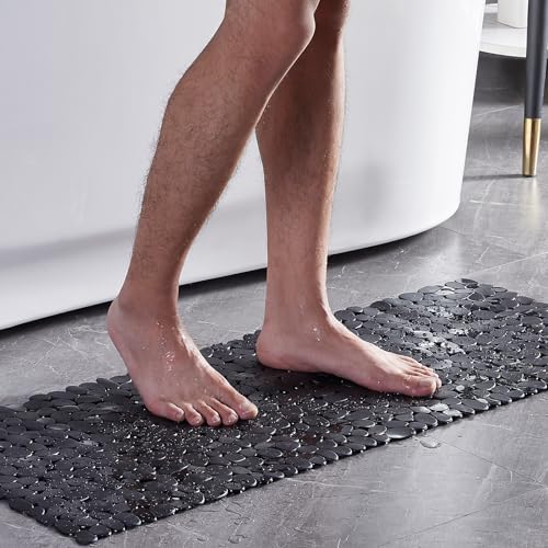 Webos Bath Shower Mat Non Slip: Extra Large Pebble Bathtub mat for Families, Anti Slip Shower Matt with Drain Holes Suction Cups Tub Mat - 16 X 40 Inch Black - color: Pebble Black