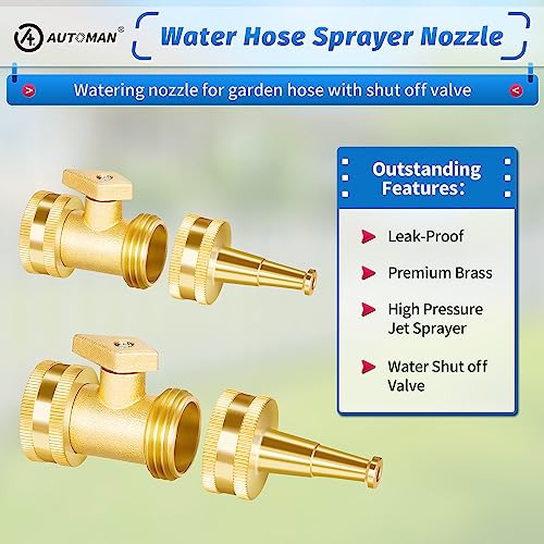 AUTOMAN Brass Hose Nozzle - High Pressure Jet Nozzle 4 Count (2 Set), Heavy Duty Water Hose Sprayer Sweeper with Hose Shutoff Valve, 3/4” GHT Nozzles for Garden Hose, Car Wash, Extra 10 Rubber Washers - size: Brass Jet Nozzle Set