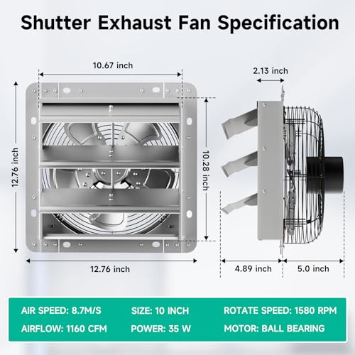 10" Shutter Exhaust Fan,1160CFM,5-Blade,Ball Bearing,Power Switch | 35W for workshops,barns,attics,garages and sheds.Foam sealing edge blocks drafts,rain and bugs.Rust-proof steel construction - size: 10in
