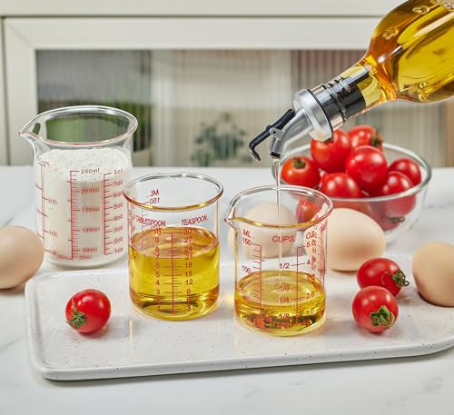 Ackers BORO3.3 Glass Measuring Cup, V-Shaped Spout, 150 mL / 5 oz, Single | 3.3 borosilicate glass with five red printed scales and a wide opening for cooking, baking and drink preparation - size: 150 ML (5 Oz)-SINGLE