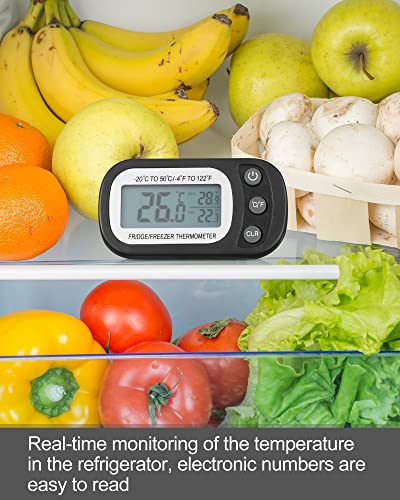 Frienda 4 Pcs Black Digital Fridge Thermometer Waterproof Refrigerator and Freezer Max/min Record Function LCD Screen Refrigerator Thermometer with Hook and Magnetic Back for Home (Button) - color: Black, size: Button
