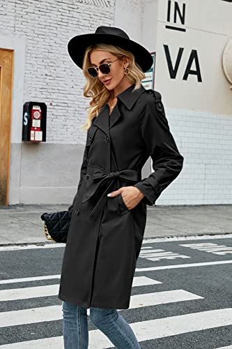 Womens Long Trench Coat Double Breasted Windproof Overcoat With Belt | Classic Lapel,Fall clothing, Spring outfits, Street outwear - color: 01 Black, size: Medium