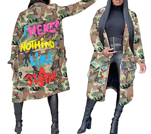 Vakkest Camo Blazer Jacket for Women Lapel Long Sleeve Open Front Cardigan Coat Classic Pockets Overcoat Outwear - color: Letter Sister, size: Small