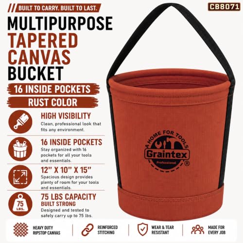 Graintex Canvas Utility Bucket 12"x10"x15". Tapered Tool Bucket, Reinforced Base & Carry Handle, Ripstop Canvas, Multi-Purpose Bag for Jobsite, Gardening, Home Use - Rust - color: Rust