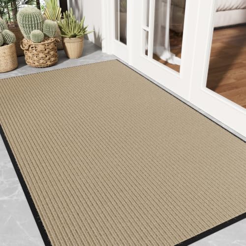 Front Door Mat Outside Entrance, Non-Slip Heavy Duty Doormat, 3'x5' | Beige Striped, Absorbs Moisture and Dirt, Low Profile, Non-Slip Backing, All Weather, Welcome Floor Mat for Entryway Patio - color: Beige Striped, size: 3' x 5'