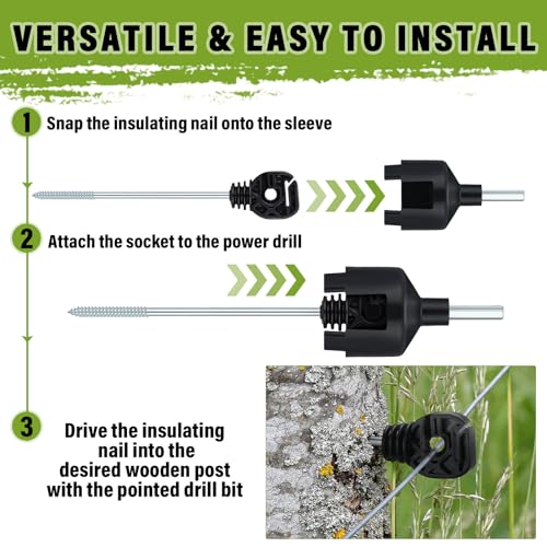 Tandefio 25 Pcs Electric Fence Wire Insulator with 1 Pcs Insulator Socket Tool Screw in Insulator Black Wood Fence Post Insulator Long Arm Post Insulator for Animal Agricultural Garden Fence