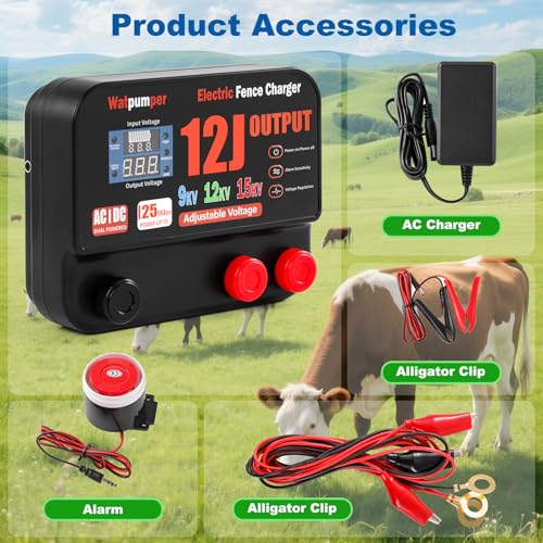 13 Joule Electric Fence Charger, 13 Joule Stored / 12 Joule Output Electric Fence Energizer, Adjustable 9KV 12KV 15KV Output Voltage, Range 25 Miles, Dual Power 12V DC / 100-240V AC, with Alarm