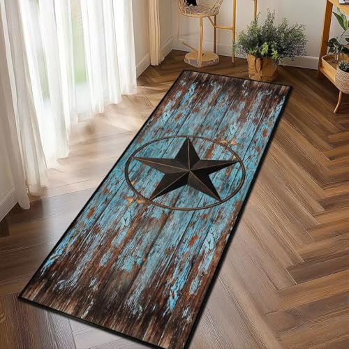 Western Runner Rug 2x6,Rustic Barn Texas Star on Old Wooden Plank,Ultra-Thin Throw Carpet Washable Kitchen Runners Teal Hallway Rug Entrance Door Mat Non Slip Accent Area Rugs for Entryway Laundry - size: 2'x6'