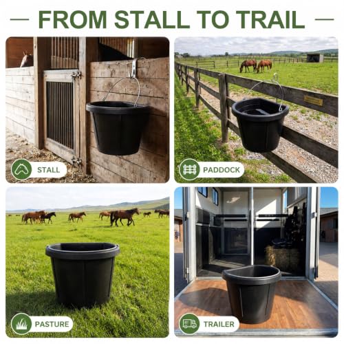 Marsui 4 Pcs Rubber Feeder Bucket, 18 Quart 4.5 Gallon Rubber Horse Feed Bucket, Large All-Purpose Water Pan, for Goats Horses Animal Feeding, Black