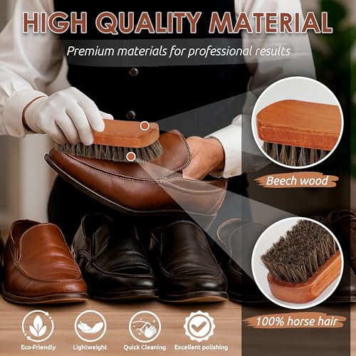 TAKAVU Shoe Brush 100% Genuine Horse Hair, Won't Scratch Leather (2pcs) | Horsehair Shoe Shine, Buff & Polish Brush for Boots, Dress Shoes, Bags, Belts & Furniture, Concave Wood Handle - size: 2pcs