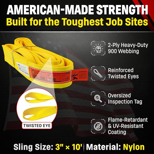 DD Sling 3 Inch x 10 Foot Nylon Lifting Sling – USA Made, 8,900 lb Vertical, 7,200 lb Choker, 17,800 lb Basket – 2-Ply Heavy Duty 900 Webbing, Type 4 Twisted Eye & Eye Rigging Sling - size: 3 in x 10 ft