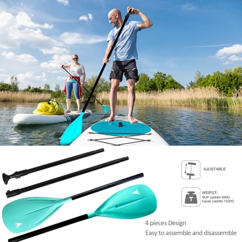 Karltion SUP Paddle - 3-Piece Adjustable Aluminium SUP Paddle with Glass Fiber Blade for Surfing, Floating, Water Sports - color: Turquoise and Turquoise