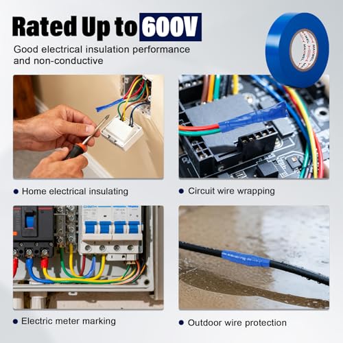 Blue Electrical Tape, Professional Grade Vinyl Wire Insulating | 3/4" x 66 FT 2 Rolls, Waterproof Flame Retardant PVC Electric Tape for Home and Industrial Electrical Repairs, Color Coding - color: Blue