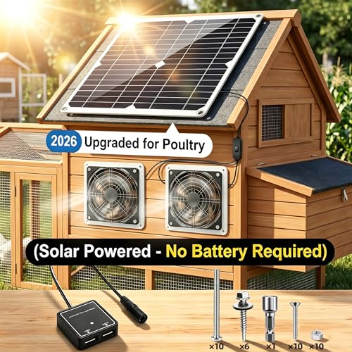 20W Monocrystalline Solar Powered Dual Exhaust Fan Kit with Switch | IP54 Waterproof, USB Ports, for Chicken Coop Greenhouse Shed RV Pet House, Outdoor Ventilation, Easy Install, Year-Round Use