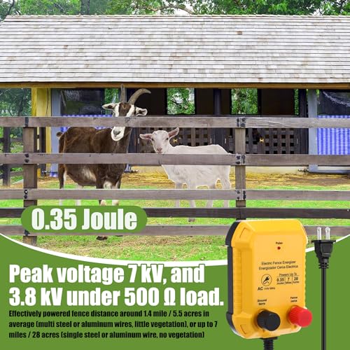 Electric Fence Charger Kit 0.35 J 7 Mile 50 Insulators 250ft Wire | 110V AC Range for Chickens Pets Poultry, Kit with Socket Tool, Aluminum Wire for Farm Pond Protection Plug in Garden - style: 0.35 Joule