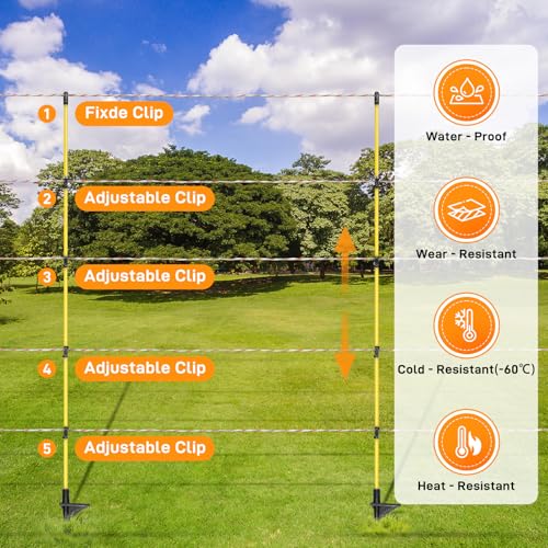 48In/4FT Fiberglass Step-in Electric Fence Posts | 5 Clips, Holds Wire, Poly Tape, and Poly Rope, Livestock Control | Lightweight, Anti-Rotation