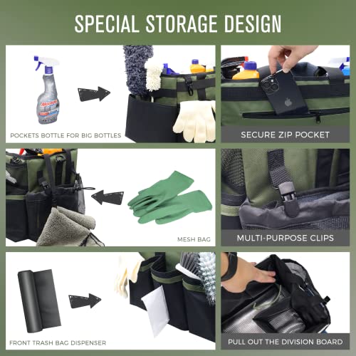 SCAVATA Wearable Cleaning Caddy Organizer with Handle & Shoulder Straps for Housekeepers, Under Sink & Car Cleaning Tool Organizer Bag with 4 Foldable Dividers (Green) - color: Green