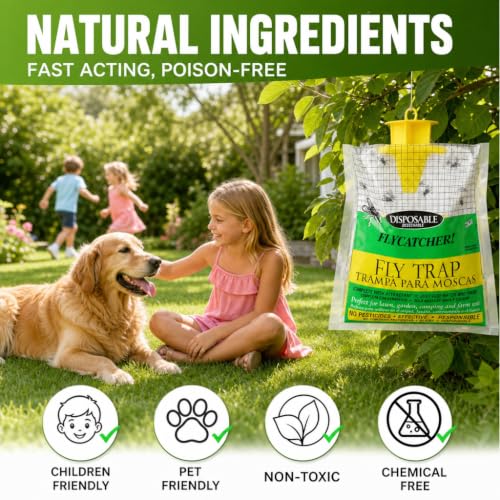 Outdoor Fly Traps 4 Pack,Hanging Fly Catcher Bags,Disposable Flies Killer for Outside Trash Areas,Horse,Ranch,Barns,Stables,Yard,Patio,Poultry Farm & Heavy Fly Control.