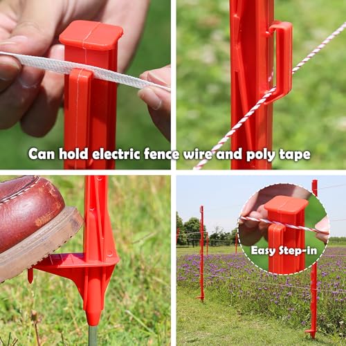 50PCS 48" Plastic Step-in Electric Fence Posts with Clips, Red | Temporary Electric Fence Stakes · 8 Integrated Clips · Reinforced Steel Spike · For Garden and Farm & Livestock - color: Red-50PCS