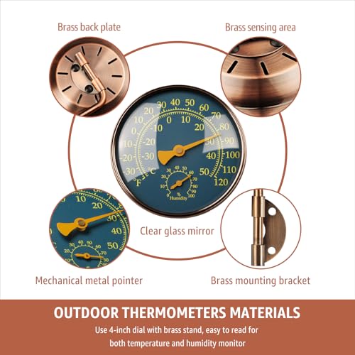 4" Outdoor Thermometer & Humidity Gauge, Brass Analog Dial | Window Thermometer for Outside Temperature & Humidity Monitor, Battery-Free for Patio Garage Greenhouse Garden Wall