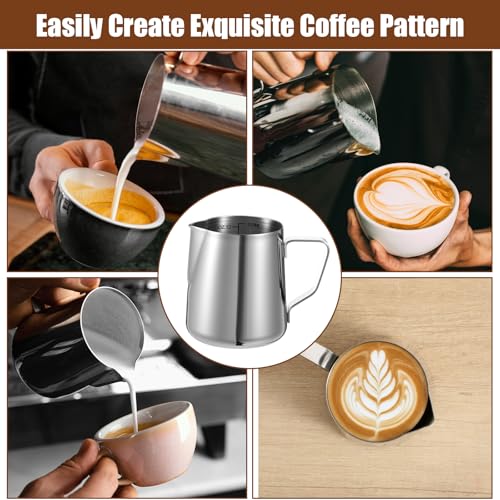 6 Pcs Milk Frothing Pitcher, Coffee Milk Frother Cup, 12oz Espresso Milks Frothing Pitcher with Measurement Marks, Stainless Steel Coffee Jug for Latte Art & Cappuccino, Silver