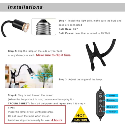 Dimmable Reptile Heat Lamp with Timer + 75W UVA UVB Light Bulb, Basking Spot Light Simulated Sunlight, Heating Lamp for Turtle, Lizard, Snake, Beared Dragon, Amphibians