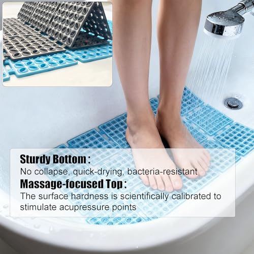 Non Slip Shower Mat for Bathtub with Strong Suction Cups | Quick-Dry Drain holes. Firm Yet Elastic Surface Massages Feet, Boosts flow. Sticks to wall to dry, folds, 26.2"x15.6" Blue - color: Blue, size: 26.2" x 15.6" (Rectangular)