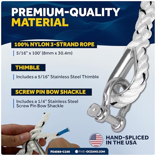 Five Oceans Anchor Line 5/16" x 100' - Anchor Rope Line, Marine Premium 3-Strand White Nylon Boat Anchor Rope - Stainless Steel Thimble and Shackle, Ideal for Mooring Anchoring Towing - FO4566-C100 - style: 5/16 inch x 100 ft