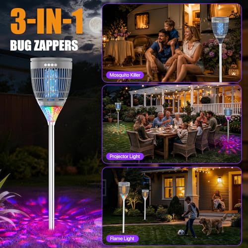 Rossetta Solar Bug Zapper Outdoor, Fly Zapper with Flame & Projector Light | 4200V Shock Grid, Solar & USB Charging, IPX5 Waterproof, Auto Mode, Cordless Electric Mosquito Killer for Patio, Garden - color: Gray