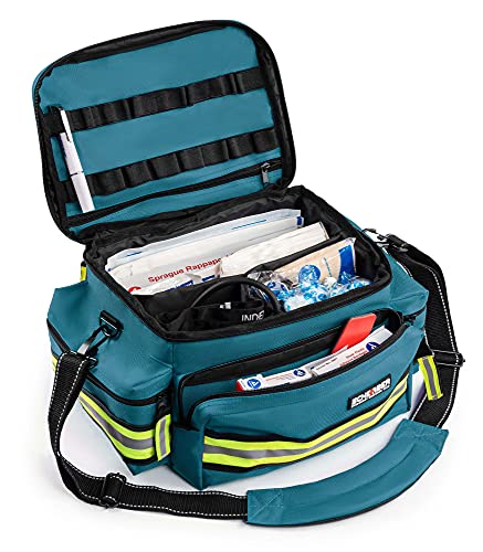 Scherber First Responder Fully-Stocked Professional Essentials EMT/EMS Trauma Kit | HSA/FSA Approved | Reflective Bag w/8 Zippered Pockets & Compartments & 200+ First Aid Supplies - Blue - color: Blue