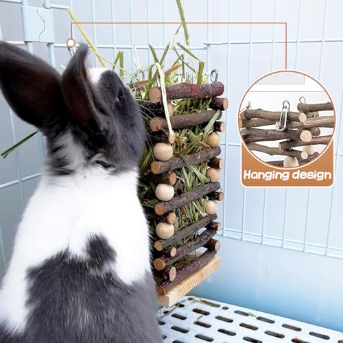 Hanging Apple Wood Rabbit Hay Feeder for Chinchilla Bunny Hamster Gerbil | Guinea Pig Grass Holder with 2 Hooks, Biting Resistant Small Animals Chew Toy, Feeding Hay Manager Shelf for Holiday Gifts