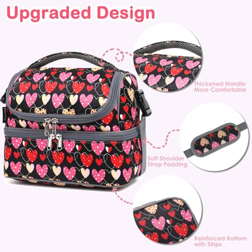 FlowFly Double Decker Cooler Insulated Lunch Bag Large Tote for Boys, Girls, Men, Women, With Adjustable Strap,Heart - color: Heart