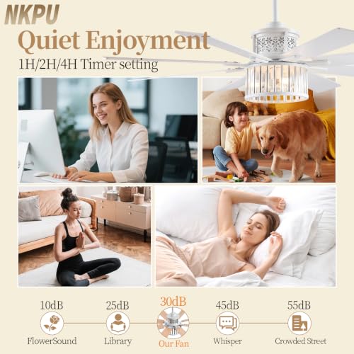 NKPU 52" Farmhouse Crystal Ceiling Fans with Lights and Remote, Chandelier Industrial Ceiling Fan with Dual 8 Blades, 6 Speed Reversible Motor, Timing, White Ceiling Fan for Living room, Bedroom - color: White