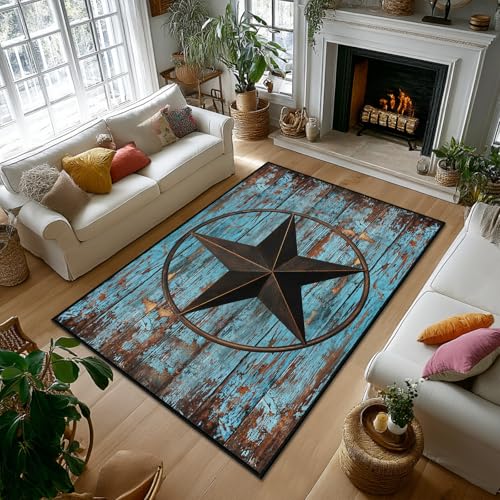 Western Area Rug 5x7,Rustic Barn Texas Star on Old Wooden Plank,Teal Rugs for Living Room,Ultra-Thin Washable Throw Carpet Indoor Non Slip Accent Floor Mats for Bedroom,Dining Room,Laundry Room,Office - size: 5'x7'