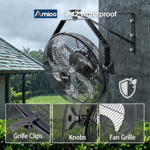 Amico 16 Inch Wall Mount Fan with Remote, 9-Speed, Brushless DC Motor | Industrial Metal Fan, High Velocity Wall Fan, 3000 CFM Commercial Fans for Garage, Greenhouse, Warehouse, Patio, Outdoor - size: 16 inch
