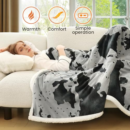 Heated Blanket Throw Blanket - Fast Heating Electric Blanket, Soft Heated Throw with 4 Time Settings,10 Heating Settings, Warm Gifts for Women Mom Grandma(50" x 60" Cow Print Grey) - color: 02 - Black Ombre-grey, size: Throw 50" x 60"