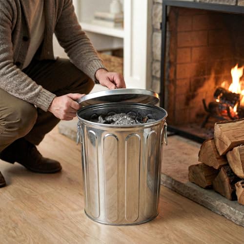 Plexon 5 Gallon Small Metal Trash Can with Lid Outdoor Galvanized Bucket with Lid 5 Gal Fireplace Ash Bucket for Wood Stove Storage Can for Dog Food Bird Seed Storage Container - color: Silver