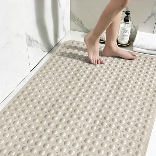 Shower Mat Non Slip: 34" x 23" Large Shower Mats for Inside Shower - Soft TPE Cuttable Anti Slip Shower Stall Mat with Drain Holes and Suction Cups - color: Khaki, size: 34" x 23" (Rectangular)