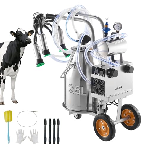 VEVOR Electric Cow Milking Machine, 25 L, 304 Stainless Steel Bucket | Food Grade Teat Cups and Silicone Hose Provide Strong Suction and Vacuum Pulsation, while Wheels Ease Movement around Farms - size: 25L