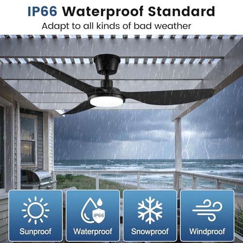 Newday 52 Inch Black IP66 Waterproof Outdoor Ceiling Fan with Light Remote | 3CCT dimmable LED, 9000CFM quiet DC, weatherproof heavy-duty airflow, high wind cooling for gazebo, patio, porch, pergola - size: 52 Inch